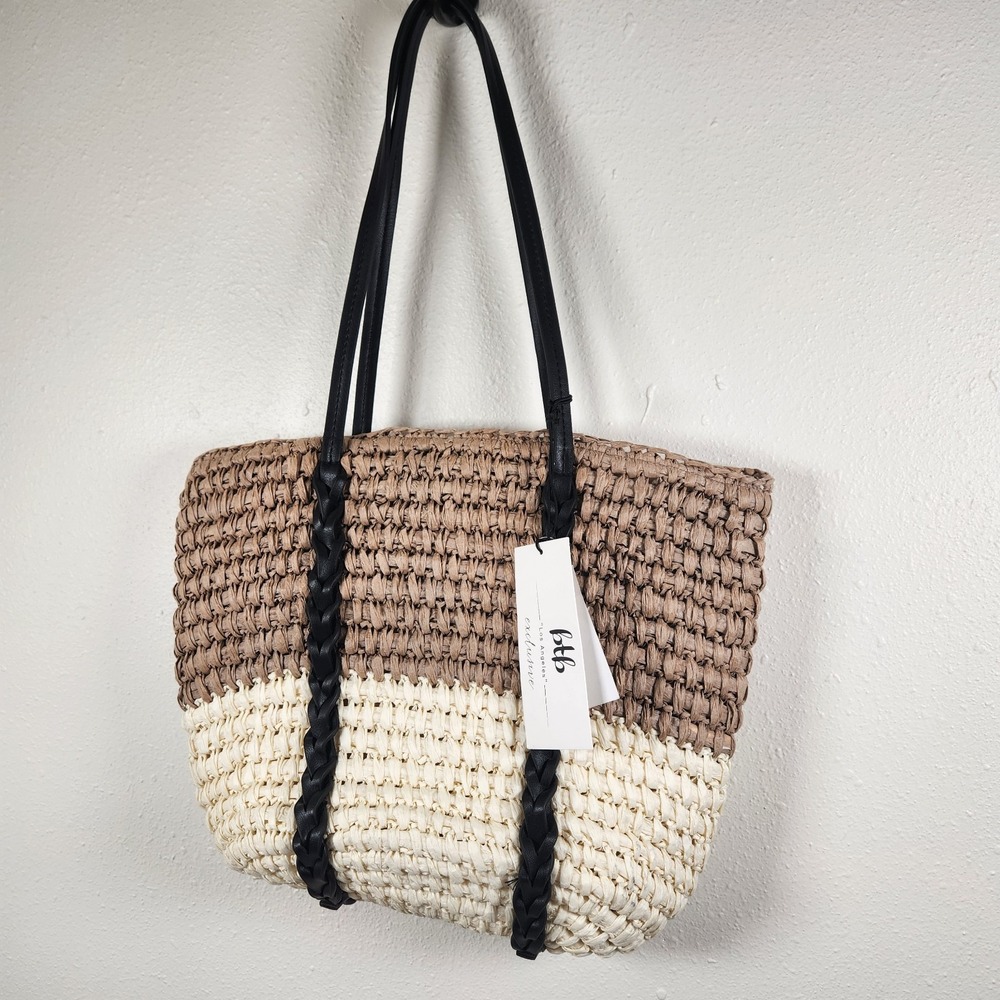btb Los Angeles Rattan Dani Stripe Tote Shoulder Bag Tan Cream Black  NWT